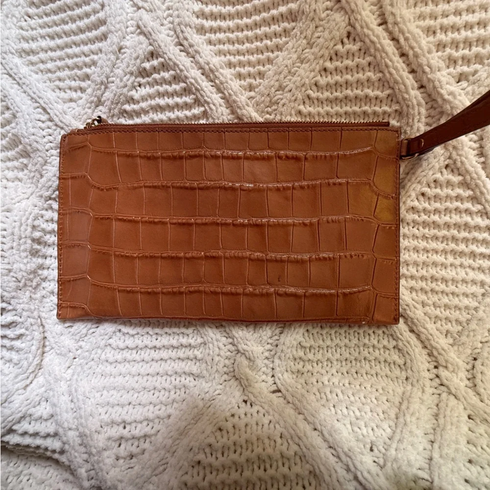 Michael Kors Wristlet Envelope style Clutch Embossed Leather Walnut color.